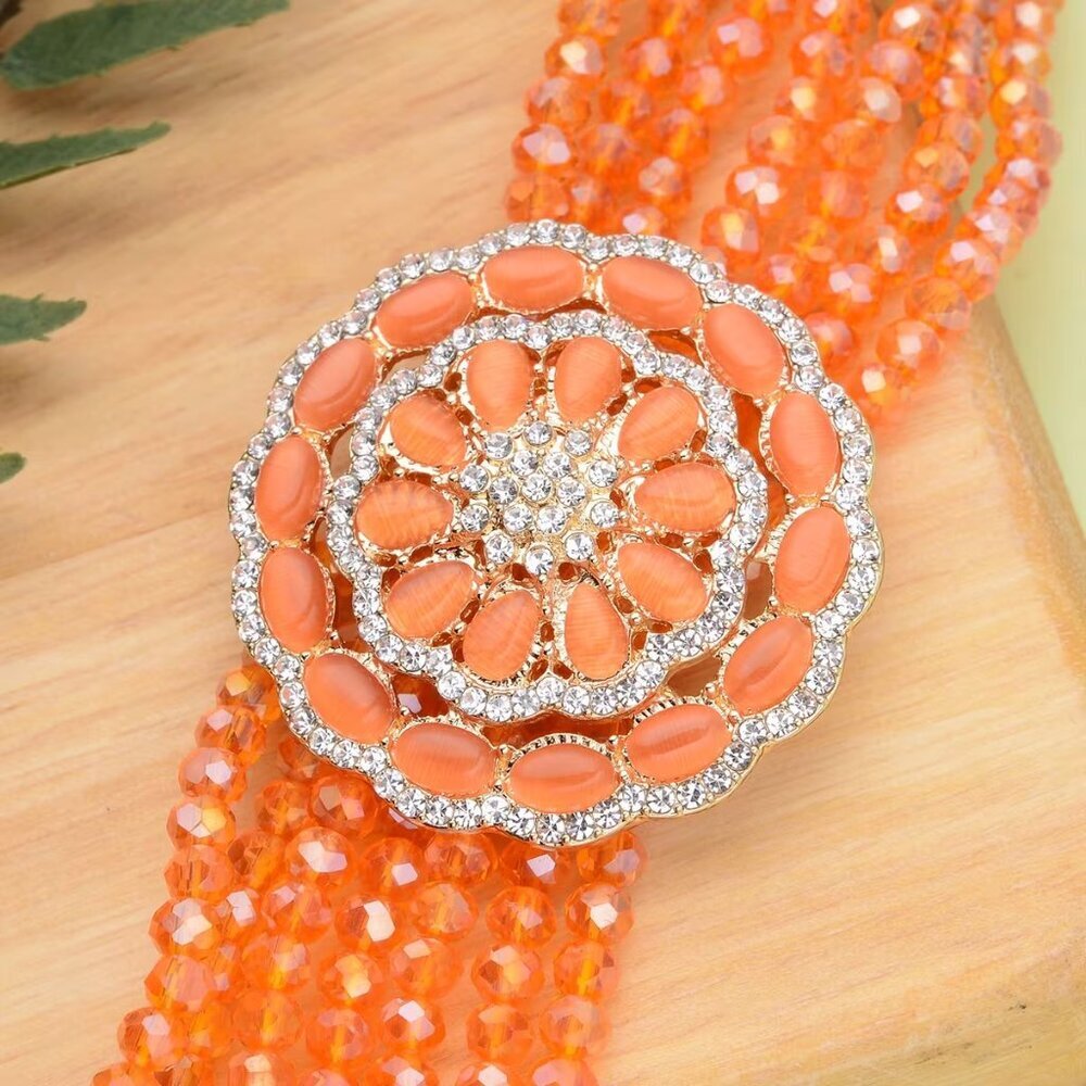 Beaded Orange Magic Color Glass & Austrian Crystal Bracelet & Cat's Eye Brooch
